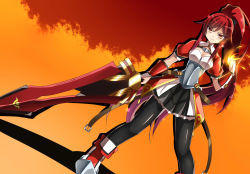 Rule 34 | 1girl, alternate costume, armor, elesis (elsword), elsword, fire, fire, highres, holding, holding weapon, ponytail, red hair, simple background, smile, standing, sword, weapon, zetsuei (zetto)