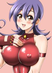 Rule 34 | 1girl, bare shoulders, blush, breasts, brown eyes, choker, commentary request, covered erect nipples, curly hair, dress, duel masters, fingerless gloves, gloves, hair between eyes, large breasts, long hair, looking at viewer, nail polish, open mouth, panties, pink nails, purple hair, rail-ykr, red dress, red gloves, shiny clothes, shiny skin, simple background, solo, tasogare mimi, taut clothes, taut dress, underwear, upper body, white panties