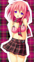 Rule 34 | 1girl, 2-g, arms behind back, bare shoulders, breasts, buttons, cleavage, half-closed eyes, head tilt, large breasts, midriff, navel, pink hair, plaid, plaid background, plaid scarf, plaid skirt, pleated skirt, purple eyes, purple hair, scarf, short hair, skirt, solo