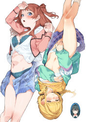 3girls bare_legs blonde_hair blue_bra blue_panties blush bra breasts brown_hair covering_breasts covering_crotch covering_privates feet_out_of_frame fujita_kotone gakuen_idolmaster hanami_saki hatsuboshi_gakuen_school_uniform highres idolmaster inset jitome looking_at_viewer medium_breasts menea multiple_girls navel non-web_source not_present open_clothes open_skirt panties school_uniform simple_background skirt stomach tsukimura_temari underwear white_background white_bra white_panties