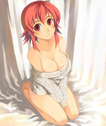 Rule 34 | 1girl, bare shoulders, barefoot, blush, bottomless, breasts squeezed together, breasts, cleavage, highres, kneeling, kusanagi tonbo, naked sweater, no pants, original, red eyes, red hair, solo, sweater