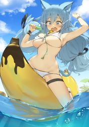 Rule 34 | 1girl, absurdres, animal ears, armpits, arms up, banana boat, bare shoulders, bell, bikini, blue eyes, blue hair, breasts, cat ears, cat girl, cat tail, cleavage, cloud, crying, crying with eyes open, day, dripping, covered erect nipples, fang, food, front-tie bikini top, front-tie top, groin, highres, holding, huge filesize, jingle bell, large breasts, long hair, navel, open mouth, original, outdoors, popsicle, romana, skindentation, sky, solo, stomach, string bikini, swimsuit, tail, tears, thigh strap, thighs, water, white bikini, wristband