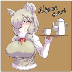 Rule 34 | 10s, 1girl, alpaca ears, alpaca suri (kemono friends), animal ears, blonde hair, blush, border, breasts, brown background, character name, closed mouth, covered erect nipples, cropped torso, cup, exabyte (parallax05), fur-trimmed sleeves, fur collar, fur trim, grey eyes, hair over one eye, hand up, holding, holding tray, horizontal pupils, impossible clothes, kemono friends, large breasts, long sleeves, looking at viewer, medium hair, neck ribbon, nose blush, ribbon, shirt, simple background, smile, solo, sweater vest, teapot, tray, undershirt, upper body, white shirt