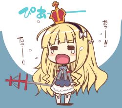 Rule 34 | 1girl, = =, akino sora, azur lane, bare shoulders, black hairband, blonde hair, blue dress, blush, bow, chibi, closed eyes, crown, crying, detached sleeves, dress, facing viewer, full body, hair bow, hairband, holding, long hair, long sleeves, mini crown, open mouth, queen elizabeth (azur lane), sleeveless, sleeveless dress, solo, standing, tears, thighhighs, translation request, very long hair, white bow, white thighhighs