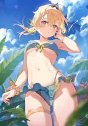 Rule 34 | 1girl, :o, arm up, bangle, blonde hair, blue bra, blue eyes, blue nails, blue panties, blurry, blurry foreground, bra, bracelet, breasts, breasts apart, cloud, cloudy sky, collarbone, contrapposto, crossed bangs, floating hair, frilled bra, frilled panties, frills, from below, gluteal fold, gradient bikini, green bra, green panties, green ribbon, hair behind ear, hair ornament, hana mori, hand on own ear, highres, hololive, jewelry, kazama iroha, lens flare, light blush, looking at viewer, multiple bracelets, narrow waist, navel, open mouth, orange scrunchie, outdoors, panties, parted lips, plant, ribbon, ribbon bra, scrunchie, shiny skin, single bare leg, sky, solo, sweat, thick thighs, thigh strap, thighs, turning head, two-tone bra, two-tone panties, underwear, virtual youtuber, wrist scrunchie
