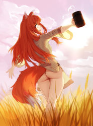 Rule 34 | 1girl, animal ears, ass, bottomless, brown hair, cloud, cloudy sky, commentary, cup, english commentary, feguimel, highres, holding, holding cup, holo, long hair, long sleeves, looking at viewer, open mouth, outdoors, shirt, sky, solo, spice and wolf, standing, sun, t-pose, tail, wheat field, wide sleeves, wolf ears, wolf girl, wolf tail