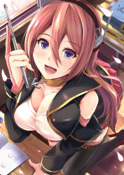 Rule 34 | 1girl, azur lane, bad id, bad nicoseiga id, bare shoulders, blue eyes, blush, breasts, choker, cleavage, collarbone, commentary request, detached sleeves, gloves, hair between eyes, hairband, headset, highres, holding, kanzaki kureha, large breasts, long hair, looking at viewer, open mouth, partially fingerless gloves, pink hair, ranger (azur lane), shirt, solo