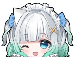Rule 34 | 1girl, blue eyes, blue ribbon, blue sleeves, chocola vt, fang, gradient hair, green hair, grey hair, hair ornament, hair ribbon, indie virtual youtuber, looking at viewer, maid headdress, mint fantome, multicolored hair, one eye closed, open mouth, ribbon, short hair, smile, solo, two side up, virtual youtuber, white background, white headdress, x hair ornament