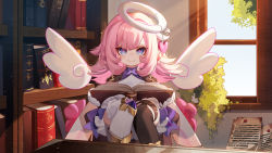 Rule 34 | 1girl, absurdres, ai xiao meng, asymmetrical legwear, black thighhighs, blue eyes, book, bookshelf, closed mouth, detached wings, elf elysia, gloves, halo, heart, highres, holding, holding book, honkai (series), honkai impact 3rd, long hair, looking at viewer, mismatched legwear, open book, pink hair, pink pupils, smile, solo, thighhighs, white gloves, white thighhighs, window, wings