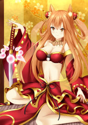 Rule 34 | 1girl, absurdres, animal ears, bare shoulders, blush, breasts, brown eyes, brown hair, choker, cleavage, detached sleeves, fate/extra ccc fox tail, fate/grand order, fate (series), hair ornament, highres, japanese clothes, long hair, medium breasts, midriff, navel, sitting, smile, solo, suzuka gozen (fate), sword, weapon, wide sleeves