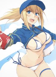 Rule 34 | 1girl, ahoge, artoria pendragon (fate), baseball cap, bikini, blonde hair, blue eyes, blue hat, blue jacket, blush, breasts, can, cleavage, cooler, cropped jacket, drink can, fate/grand order, fate (series), hair between eyes, hair through headwear, hat, highres, jacket, large breasts, long hair, long sleeves, looking at viewer, mysterious heroine x (fate), mysterious heroine xx (fate), navel, open mouth, ponytail, shrug (clothing), sidelocks, simple background, smile, soda can, solo, swimsuit, thigh strap, white bikini, wristband, zekkyon