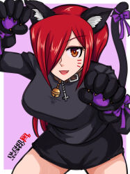 Rule 34 | 1girl, animal ears, bell, black sweater, breasts, cat ears, cat tail, claw pose, collar, cosplay, fake animal ears, fake tail, fang, gloves, hair over one eye, hamu agaki, highres, jewelry, large breasts, looking at viewer, medium breasts, miniskirt, neck bell, necklace, orange eyes, parasoul (skullgirls), parted bangs, red hair, red lips, skirt, skullgirls, solo, sweater, tail, turtleneck, turtleneck sweater