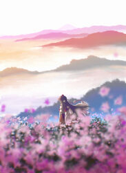 Rule 34 | 1girl, above clouds, absurdres, alternate hair color, alternate hair length, alternate hairstyle, alternate universe, black skirt, blurry, blurry foreground, brown hair, cloud, cloudy sky, commentary, cosmos (flower), detached sleeves, dusk, facing to the side, floating hair, flower, hat, highres, inubashiri momiji, landscape, long hair, long skirt, mixed-language commentary, mountain, mountainous horizon, no animal ears, oubachiago, outdoors, pink flower, plant, pom pom (clothes), red hat, scenery, shirt, signature, skirt, sky, solo, standing, tokin hat, touhou, very long hair, white shirt, wide shot, wide sleeves