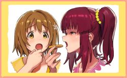 Rule 34 | 2girls, bad id, bad twitter id, brown eyes, brown hair, cookie, eating, flower, food, framed, hair bobbles, hair flower, hair ornament, highres, idolmaster, idolmaster cinderella girls, long hair, looking at another, mimura kanako, multiple girls, ogata chieri, open mouth, red hair, shiro ymko, short hair, sidelocks, simple background, tears, twintails, upper body