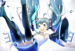 Rule 34 | 1girl, 39, ahoge, black footwear, black skirt, black thighhighs, blue eyes, blue hair, blue necktie, blush, boots, breasts, collared shirt, detached sleeves, floating hair, hatsune miku, komadori ui, legs up, long hair, necktie, open mouth, outstretched arms, pleated skirt, shirt, sidelocks, skirt, sleeveless, sleeveless shirt, small breasts, smile, solo, star (symbol), thigh boots, thighhighs, thighs, very long hair, vocaloid, water drop, white shirt