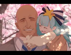Rule 34 | 10s, 1boy, 1girl, absurdres, arms around neck, bald, blue hair, closed eyes, dishwasher1910, facial hair, father and daughter, go takeo, hair ornament, hair ribbon, highres, hoshikawa lily, letterboxed, manly, ribbon, size difference, smile, spoilers, star (symbol), star hair ornament, stubble, zombie land saga