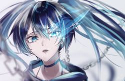 Rule 34 | 1girl, black hair, black rock shooter, black rock shooter (character), blue eyes, blurry, chain, choker, commentary request, depth of field, eyelashes, highres, jacket, looking at viewer, open mouth, parted lips, portrait, solo, twintails, tyokon-gohan, upper body, white background