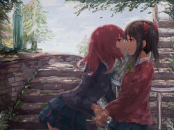 Rule 34 | 10s, 2girls, black hair, highres, imminent kiss, looking at another, love live!, love live! school idol project, multiple girls, nishikino maki, purple eyes, red eyes, red hair, short hair, twintails, white crow, yazawa nico, yuri