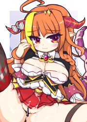 Rule 34 | 1girl, :3, absurdres, ahoge, black thighhighs, blonde hair, blush, bow, braid, breasts, brooch, brown hairband, censored, cleavage, closed mouth, cum, cum on body, cum on breasts, cum on clothes, cum on upper body, dragon girl, dragon horns, dragon tail, eyes visible through hair, fingernails, furrowed brow, hairband, hand up, highres, hololive, horn bow, horn ornament, horns, jewelry, kiryu coco, kiryu coco (1st costume), long hair, long sleeves, medium breasts, multicolored eyes, multicolored hair, multicolored horns, nail polish, no panties, orange eyes, orange hair, orange horns, outline, pink nails, pleated skirt, pointy ears, purple eyes, purple horns, red skirt, side braid, single thighhigh, skindentation, skirt, smile, solo, spread legs, streaked hair, striped, striped bow, tail, tail raised, tenkasu (aster4545), thigh strap, thighhighs, thighs, twitter username, two-tone hair, very long hair, virtual youtuber, white outline