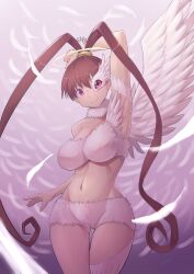 Rule 34 | 1girl, absurdres, amano nene (digimon xros wars), artist request, breasts, brown hair, cleavage, digimon, fusion, hair ornament, hairclip, highres, large breasts, long hair, luminamon, luminamon (nene ver.), navel, purple eyes, smile, solo, twintails