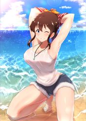 Rule 34 | 1girl, absurdres, armpits, bare legs, bare shoulders, barefoot, beach, blue eyes, brown hair, cloud, commentary request, day, denim, denim shorts, grin, hair ribbon, highres, idolmaster, idolmaster million live!, jewelry, kneeling, looking at viewer, necklace, ocean, one eye closed, ponytail, ribbon, satake minako, shirt, shorts, sidelocks, sky, smile, solo, tank top, water, wattsu, wet, wet clothes, white shirt