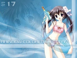 Rule 34 | 1girl, :d, armpits, bikini, blue eyes, bow, brown hair, collarbone, flower, holding, looking at viewer, nanao naru, navel, open mouth, pink bikini, ribbon, see-through, side-tie bikini bottom, smile, solo, stomach, swimsuit, text focus, twintails, wallpaper, water gun, zoom layer