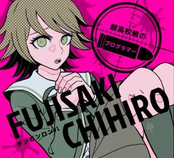 Rule 34 | 1boy, :o, artist name, black socks, brown eyes, brown hair, brown skirt, character name, commentary request, copyright name, crossdressing, danganronpa: trigger happy havoc, danganronpa (series), fujisaki chihiro, green jacket, halftone, hands up, jacket, kneehighs, looking at viewer, male focus, open mouth, own hands together, pink background, school uniform, short hair, skirt, socks, solo, teeth, tege (tege xxx), translation request, trap, upper teeth only