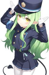Rule 34 | 1girl, :&lt;, absurdres, armband, arms up, belt, belt buckle, black belt, black hat, black jacket, black skirt, black tail, blue archive, blue armband, blush, buckle, buttoned cuffs, closed mouth, cowboy shot, gloves, green hair, hat, highres, hikari (blue archive), jacket, long hair, long sleeves, looking at viewer, pantyhose, peaked cap, pleated skirt, pointy ears, sidelocks, simple background, skirt, solo, standing, tail, wavy hair, white background, white gloves, white pantyhose, yaho (a01085748817), yellow eyes