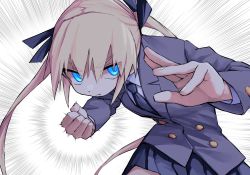 Rule 34 | 1girl, black necktie, black ribbon, black skirt, blazer, blonde hair, blue eyes, clenched hand, closed mouth, collared shirt, commentary, emphasis lines, fighting stance, grey jacket, hair between eyes, hair ribbon, highres, incoming attack, incoming punch, jacket, kill me baby, long hair, long sleeves, looking at viewer, necktie, pleated skirt, punching, ribbon, school uniform, serious, shirt, skirt, solo, sonya (kill me baby), twintails, white background, yachima tana