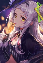 Rule 34 | 1girl, absurdres, black capelet, blunt bangs, blurry, blurry background, breasts, candy, capelet, cropped shirt, food, frilled hat, frills, grey hair, guchico, hair bun, hat, hexagram hair ornament, highres, hololive, licking, lollipop, long hair, long sleeves, looking at viewer, midriff, murasaki shion, murasaki shion (1st costume), navel, orange eyes, pinstripe pattern, pinstripe shirt, scan, shirt, sidelocks, single side bun, small breasts, solo, striped clothes, striped shirt, swirl lollipop, tilted headwear, tongue, tongue out, upper body, vertical stripes, virtual youtuber, witch hat