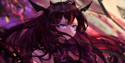 Rule 34 | 1girl, absurdres, amulet, bare shoulders, black dress, black hair, demon horns, dress, eye trail, furrowed brow, glowing, glowing eyes, hair between eyes, hair over mouth, highres, hololive, hololive english, horns, irys (hololive), irys (irys 1.0) (hololive), light trail, long hair, looking at viewer, multicolored background, multicolored hair, portrait, purple eyes, purple hair, red hair, solo, virtual youtuber, vyragami