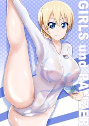 Rule 34 | blonde hair, blue background, blue eyes, braid, commentary request, copyright name, covered erect nipples, covered navel, cup, darjeeling (girls und panzer), girls und panzer, holding, holding cup, jiseki, leg up, leotard, polka dot, polka dot background, short hair, smile, solo, striped, striped background, two-tone background, white background