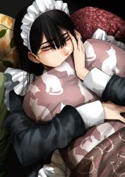 Rule 34 | 1girl, animal print, apron, black background, black hair, cat print, covered mouth, cushion, frilled apron, frills, grey eyes, hair between eyes, hand on own face, highres, hoshi san 3, long hair, looking at viewer, lying, maid, maid apron, maid headdress, mole, mole under eye, nose, hugging object, on back, original, solo, upper body