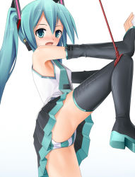 Rule 34 | 1girl, aqua eyes, aqua hair, assisted exposure, bad id, bad pixiv id, bdsm, blush, bondage, boots, bound, detached sleeves, eto, female focus, hatsune miku, necktie, open mouth, panties, rope, simple background, skirt, solo, spread legs, striped clothes, striped panties, thigh boots, thighhighs, twintails, underwear, upskirt, vocaloid