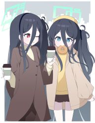 Rule 34 | &lt;key&gt; (blue archive), 2girls, absurdly long hair, absurdres, alternate costume, aqua halo, aris (blue archive), black hair, blue archive, blue eyes, blush, coat, coffee cup, cup, disposable cup, doughnut, food, green halo, hagoonha, halo, highres, holding, holding cup, long hair, long sleeves, looking at viewer, mouth hold, multiple girls, one eye closed, open clothes, open coat, open mouth, rectangular halo, red eyes, very long hair