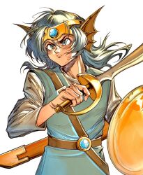 Rule 34 | 1boy, belt, brown belt, closed mouth, dragon quest, dragon quest iv, eyelashes, grey eyes, grey hair, grey tunic, headgear, hero (dq4), highres, holding, holding shield, holding sword, holding weapon, long hair, long sleeves, looking to the side, male focus, oldkin, shield, shirt, simple background, solo, sword, weapon, white background, white shirt, zenithian sword