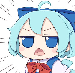 Rule 34 | 1girl, absurdres, ahoge, blue bow, blue dress, blue eyes, blue hair, bow, cirno, collared shirt, dress, emphasis lines, fairy, fumo (doll), hair bow, highres, ice, ice wings, kame (kamepan44231), open mouth, portrait, shirt, short hair, simple background, solo, touhou, white background, white shirt, wings