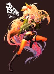 Rule 34 | 1girl, alternate hairstyle, bad id, bad pixiv id, blonde hair, blue eyes, boots, bow, character name, earrings, full body, gun, hair bow, hair ribbon, instrument, jewelry, long hair, midriff, multicolored hair, navel, nine, open mouth, orange thighhighs, pink hair, ponytail, purple hair, ribbon, rifle, sapphire (nine), seeu, shorts, simple background, solo, thighhighs, very long hair, vocaloid, weapon