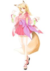 Rule 34 | 1girl, animal ears, ankle lace-up, blonde hair, cross-laced footwear, feet, fox ears, fox tail, full body, highres, japanese clothes, kimono, kimono skirt, kyougoku touya, long hair, original, red eyes, sandals, simple background, smile, solo, tail, toes, white background