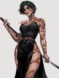 Rule 34 | 1girl, absurdres, belt, belt buckle, black dress, breasts, brown belt, buckle, burn scar, commentary, dress, english commentary, green hair, hand on blade, highres, holding, holding sword, holding weapon, jujutsu kaisen, katana, looking down, medium breasts, parted lips, pelvic curtain, red nails, scar, short hair, solo, sword, unsheathed, weapon, yellow eyes, zen&#039;in maki, zu yuan cesar