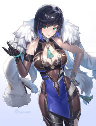 Rule 34 | 1girl, artist name, black hair, breasts, cleavage, commentary request, cuboon, dice, dress, elbow gloves, fur trim, genshin impact, gloves, green eyes, halterneck, hand on own hip, jacket, jacket on shoulders, loincloth, medium breasts, multicolored hair, pelvic curtain, shiny clothes, short dress, short hair, signature, simple background, skin tight, sleeveless, smile, white background, yelan (genshin impact)