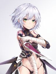 Rule 34 | 1girl, absurdres, arm belt, bags under eyes, bandaged arm, bandages, bare shoulders, belt buckle, black cola, black panties, black shirt, buckle, closed mouth, dagger, facial scar, fate/apocrypha, fate (series), frown, gradient background, green eyes, grey background, groin, halterneck, highres, holding, holding knife, holding weapon, jack the ripper (fate/apocrypha), knife, looking at viewer, panties, reverse grip, scabbard, scar, scar across eye, scar on cheek, scar on face, sheath, shirt, short hair, signature, silver hair, sleeveless, sleeveless shirt, solo, standing, tattoo, underwear, weapon, white background