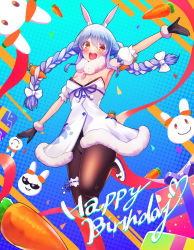 Rule 34 | 1girl, absurdres, animal ear fluff, animal ears, arm cuffs, arm up, armpits, black gloves, black leotard, black pantyhose, blue background, blue hair, blush, box, braid, breasts, bridal garter, carrot, carrot hair ornament, cleavage, confetti, dress, english text, food-themed hair ornament, full body, fur-trimmed dress, fur-trimmed gloves, fur scarf, fur trim, gift, gift box, gloves, hair ornament, happy birthday, highres, hololive, jumping, kutar22, leotard, light blue hair, long hair, looking at viewer, medium breasts, multicolored hair, off-shoulder dress, off shoulder, open mouth, orange eyes, outstretched arm, pantyhose, patterned background, pekomon (usada pekora), playboy bunny, rabbit ears, ribbon, shoes, smile, solo, thick eyebrows, thigh strap, twin braids, twintails, two-tone hair, usada pekora, usada pekora (1st costume), virtual youtuber, white dress, white footwear, white hair