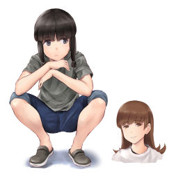 Rule 34 | 2girls, black hair, blue pants, blunt bangs, blush, braid, brown eyes, brown hair, casual, commentary request, grey eyes, grey shirt, highres, kantai collection, kitakami (kancolle), long hair, multiple girls, ooi (kancolle), pants, shadow, shirt, short sleeves, simple background, smile, squatting, wa (genryusui), white background, white shirt