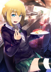 Rule 34 | 1girl, absurdres, blonde hair, blue eyes, bow, bowtie, counter, donarudo, fang, food, food on face, fork, hair between eyes, highres, holding, holding fork, holding plate, indoors, kon futaba, miniskirt, open mouth, plate, school uniform, short hair, sidelocks, sitting, skirt, solo, soredemo machi wa mawatteiru, thighhighs