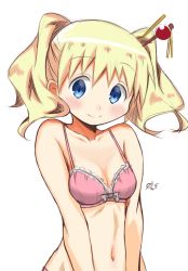 Rule 34 | 1girl, absurdres, alice cartelet, artist name, blonde hair, blue eyes, blush, bow, bow bra, bra, breasts, cleavage, closed mouth, collarbone, hair ornament, hairpin, head tilt, highres, kin-iro mosaic, looking at viewer, nasutane, navel, panties, pink bra, pink panties, signature, small breasts, smile, solo, twintails, underwear, underwear only, white background