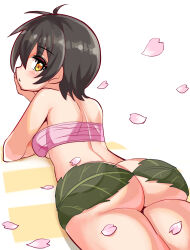 Rule 34 | 1girl, ass, ass focus, bare shoulders, black hair, blush, breasts, butt crack, cherry blossoms, cougar (cougar1404), crop top, from behind, from below, huge ass, leaf, looking at viewer, lying, medium breasts, nari (cougar1404), on stomach, open mouth, original, short hair, sideboob, solo, thick thighs, thighs, yellow eyes