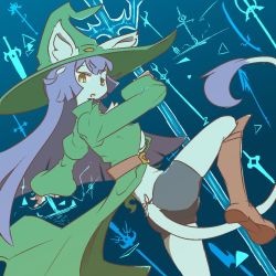Rule 34 | 1girl, blue eyes, cat, dutch angle, female focus, furry, furry female, gradient background, hat, long hair, purple hair, simple background, solo, the amboina, witch hat