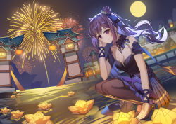 Rule 34 | 1girl, absurdres, architecture, bare shoulders, black footwear, black ribbon, breasts, choker, cleavage, closed mouth, commentary request, detached collar, detached sleeves, dress, east asian architecture, fireworks, genshin impact, hair ribbon, high heels, highres, keqing (genshin impact), keqing (opulent splendor) (genshin impact), long hair, looking at viewer, medium breasts, moon, night, official alternate costume, purple dress, purple eyes, purple hair, ribbon, ribbon choker, smile, solo, squatting, twintails, wrist ribbon, zero yee