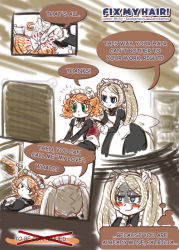 Rule 34 | 2girls, alternate hair length, alternate hairstyle, bad deviantart id, bad id, bloody marie (skullgirls), blue eyes, blush stickers, bow, comic, english text, engrish text, green eyes, grey hair, hair bow, looking at another, looking back, looking up, maid, maid headdress, mirror, motion lines, multiple girls, orange hair, peacock (skullgirls), ranguage, rt-sy, sitting, skullgirls, smile, twintails, wavy mouth, yuri